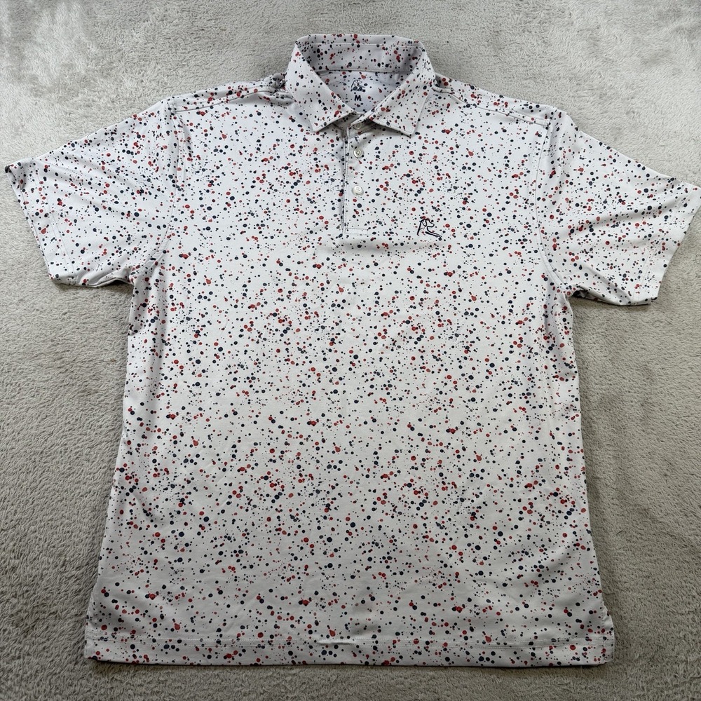 Rhoback Polo Shirt Mens Medium White Splatter USA Flag Golf Performance Stretch